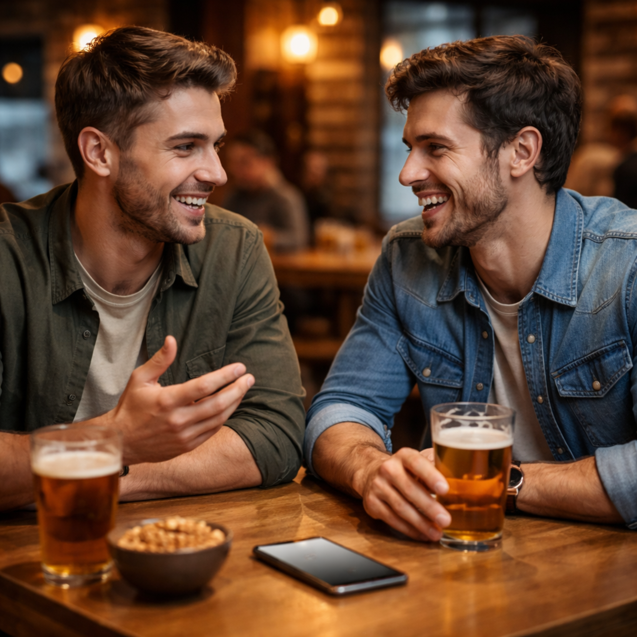 Due amici al bar con uno smartphone sul tavolino